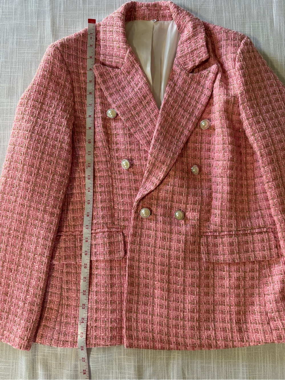 Pink Tweed Double-Breasted Women's Blazer Jacket - Picture 9 of 11